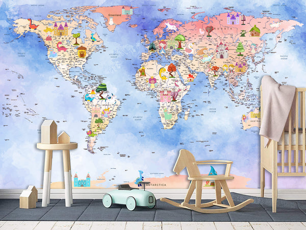 Peel and Stick Vinyl Wallpaper Magical World Map Mural for Kids – Interactive & Educational