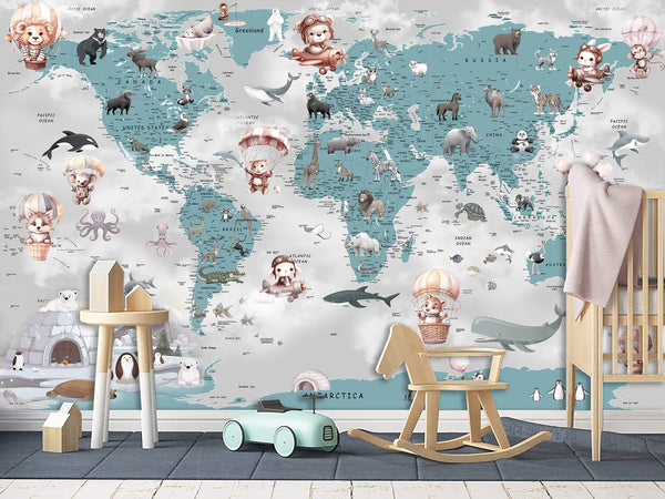 Decor for Kids room, Peel and Stick Vinyl with the pattern "Fun Educational World Map For Kids"