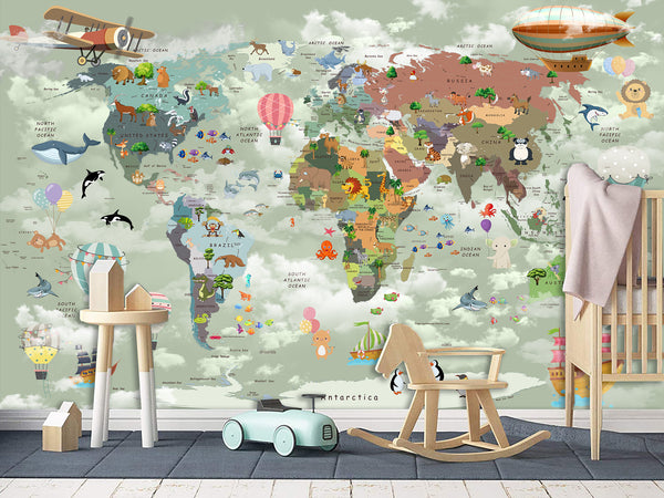 Decor for Kids room, Vinyl Wallpaper Peel and Stick with the pattern “Kids map of the world”