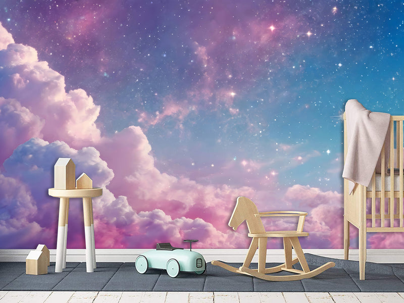 Fairy Tale Self-Adhesive Wallpaper For Kids, Artistic Style Wall Mural Design "Purple Pink Starry Sky" ✨