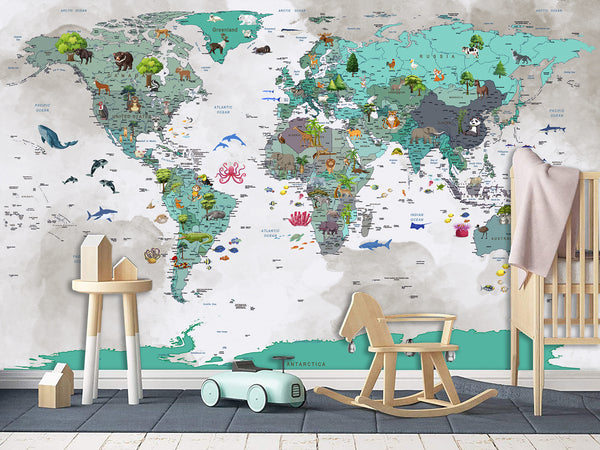 Peel and Stick Vinyl Wallpaper with the pattern “Children's map of the world”, decor for children's room