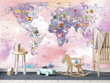 Self-Adhesive Kids Wallpaper World Map In Purple And Pink Mural – Art Decor For Magical Kids' Room