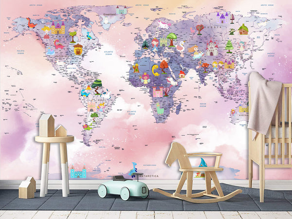 Self-Adhesive Kids Wallpaper World Map In Purple And Pink Mural – Art Decor For Magical Kids' Room