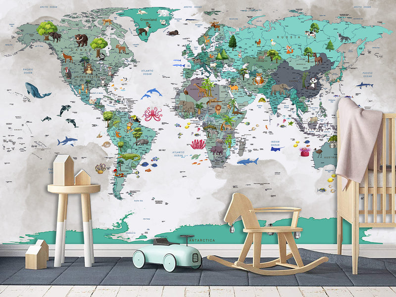 Non-Woven Wallpaper Full Wall Mural Kids World Map Wallpaper – Educational & Colorful Wall Decor