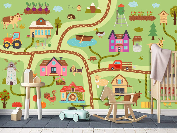 Peel and Stick Wallpaper  Full WallMural – Road Through Village Design for Kids Room & Playroom