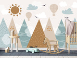 Self-Adhesive Wallpaper In Soft Colors For Kids Room "Balloon Flight Over The Mountains" Design For Playroom