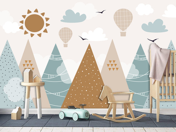 Self-Adhesive Wallpaper In Soft Colors For Kids Room "Balloon Flight Over The Mountains" Design For Playroom