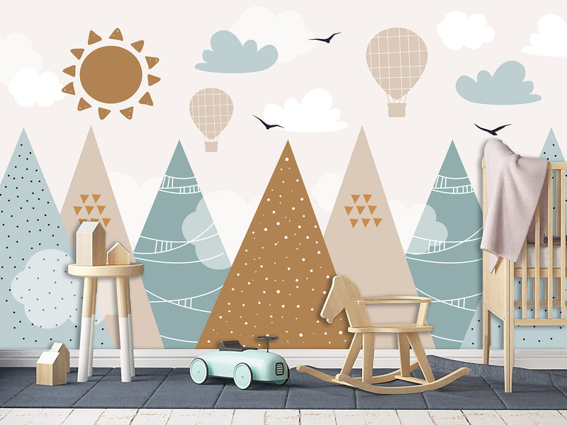 Self-Adhesive Wallpaper In Soft Colors For Kids Room "Balloon Flight Over The Mountains" Design For Playroom