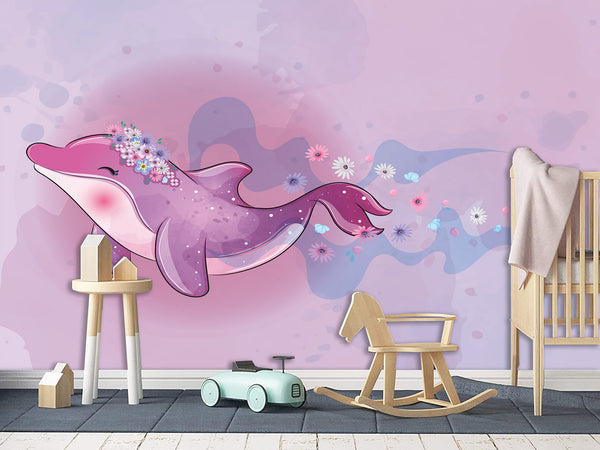 Peel and Stick Vinyl Wallpaper "Purple Dolphin For Kids" Mural Design For Playroom, Idea For A Magical Kids Room