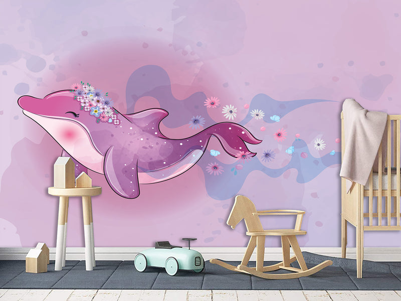 Peel and Stick Vinyl Wallpaper "Purple Dolphin For Kids" Mural Design For Playroom, Idea For A Magical Kids Room
