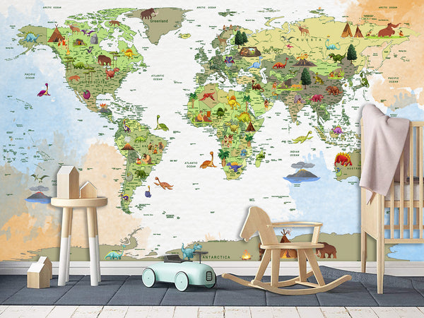 Non-Woven Mural World Map Print With Animals – For Kids Room Or Playroom