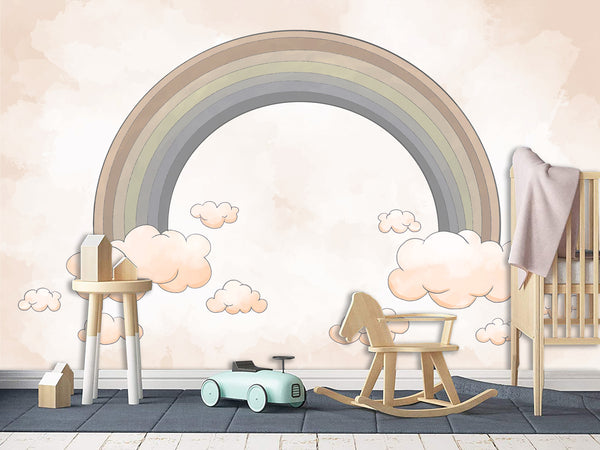 Non-Woven Wallpaper Kids Room Design – Rainbow Among Pink Clouds, Wall Decor For Boys And Girls