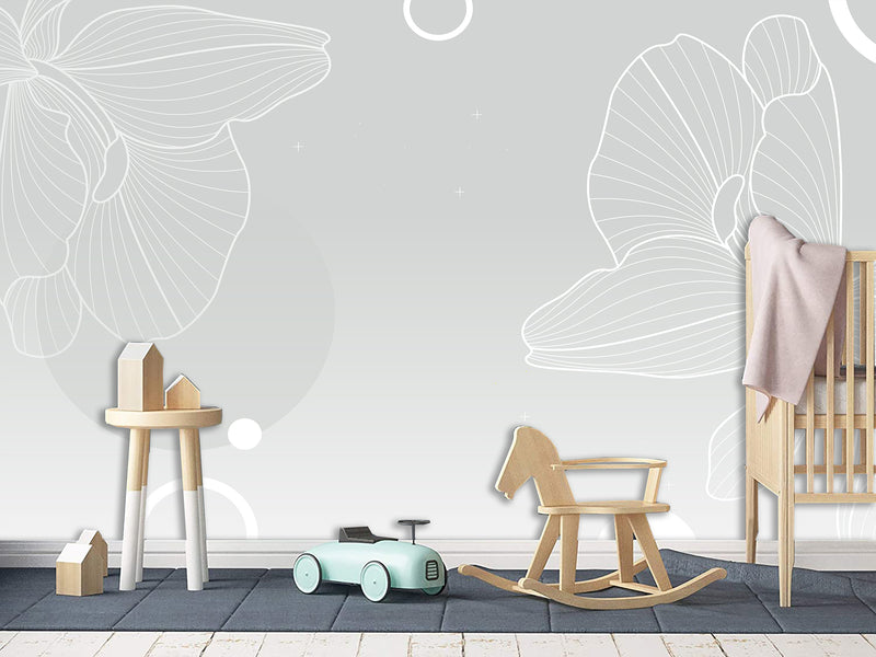 Modern Minimalist Style Non-Woven Wallpaper – "Flower Outline on Gray Background", Perfect for Bedroom or Living Room Desing
