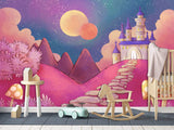 Vinyl Wallpaper Peel and Stick Mural Kids Room Decor Castle on a Pink Hill Pastel Color for Playroom