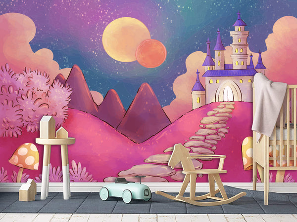 Vinyl Wallpaper Peel and Stick Mural Kids Room Decor Castle on a Pink Hill Pastel Color for Playroom
