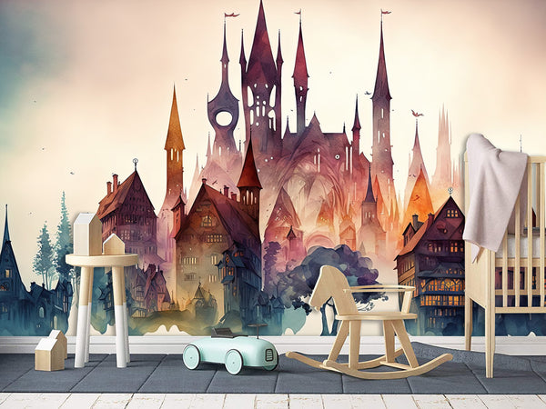Peel and Stick Wall Mural Art Decor for Kids' Room or Playroom – Fairy Tale Town on a Hill