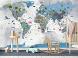 Full Wall Print For Kids Room – Peel and Stick Vinyl Mural Kids World Map With Animals