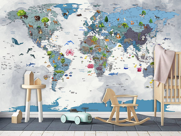 Full Wall Print For Kids Room – Peel and Stick Vinyl Mural Kids World Map With Animals