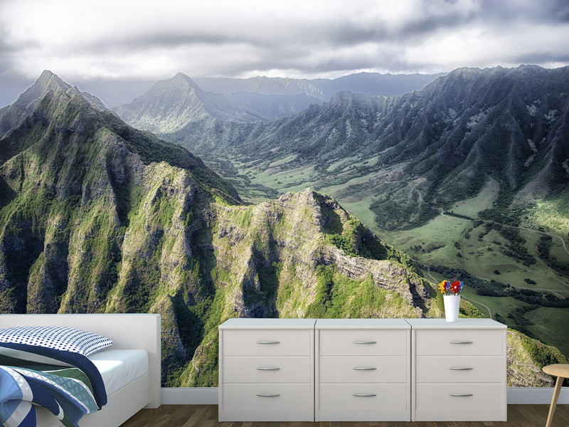 Motivational Art Print for Relaxation, Vinyl Wallpaper Peel and Stick Mural for Living Room 'Mountains from Above', 3D Wall Mural