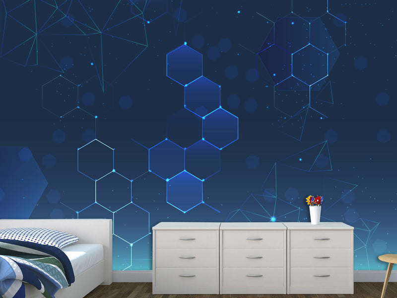 Blue Wallpaper Wall Print Peel And Stick Mural Wall Art For Bedroom, Kitchen, Living Room "Polyhedrons"