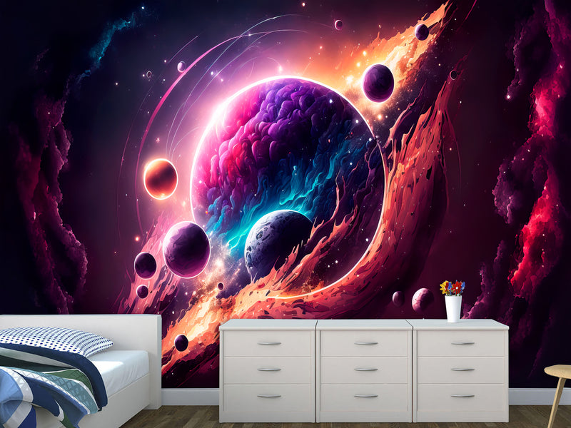 Self-Adhesive Vinyl Wallpaper Print for Office or Bedroom Planetary Dance in the Galaxy Peel & Stick Mural