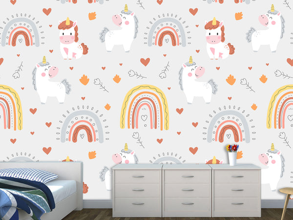 Peel and stick mural on the wall for the kid room Rainbow Unicorn Wallpaper for Kids – Cute & Magical Tots Wall Design