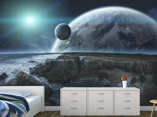 Non-Woven Wallpaper for Bed Wall in Bedroom Design Cosmic Planets 3D Mural
