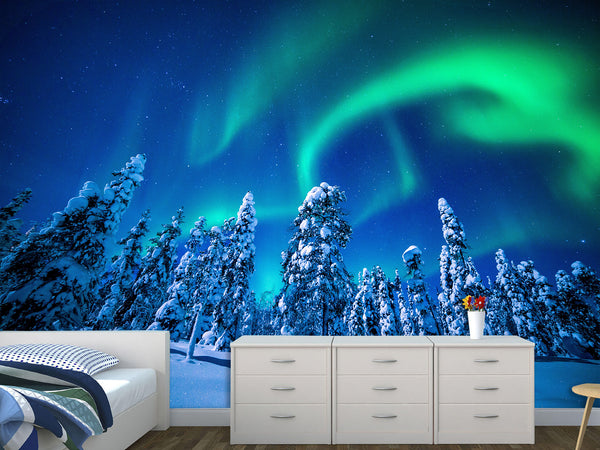 Non-Woven Full Wall Mural Wallpaper Northern Lights in a Winter Forest For Lounge Area, Bedroom, Or Reception