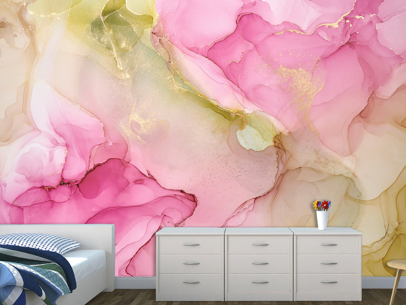 Pink and Green Abstract Intertwining. Self-Adhesive Wallpaper Art Print for Walls. Unique Abstraction Décor for Living Room or Hall "Abstract Flower Petal" 🌸