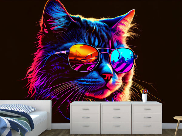 Non-Woven Photo Mural Print For Gym, Office, Workshop "Neon Cat"