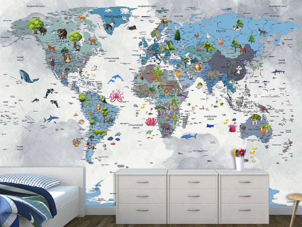 Wallpaper for decoration of Kids room, Peel and Stick film Oracal with the pattern “Kids map of the world”