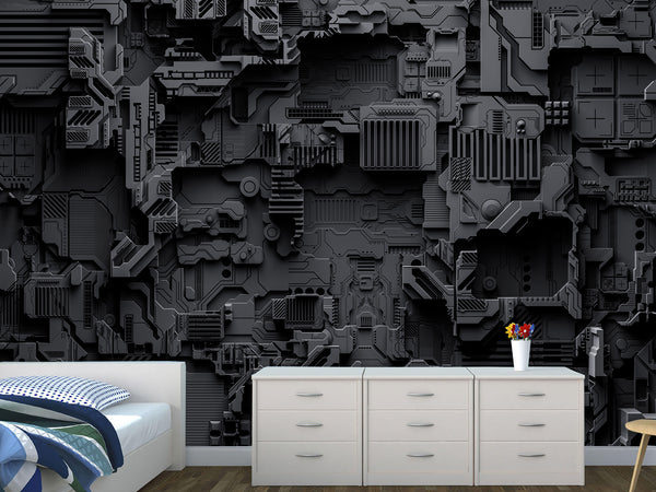 Peel and Stick Vinyl Wallpaper Technological Plating Spaceship Robot Abstract Graphics Style for Gym & Living Room