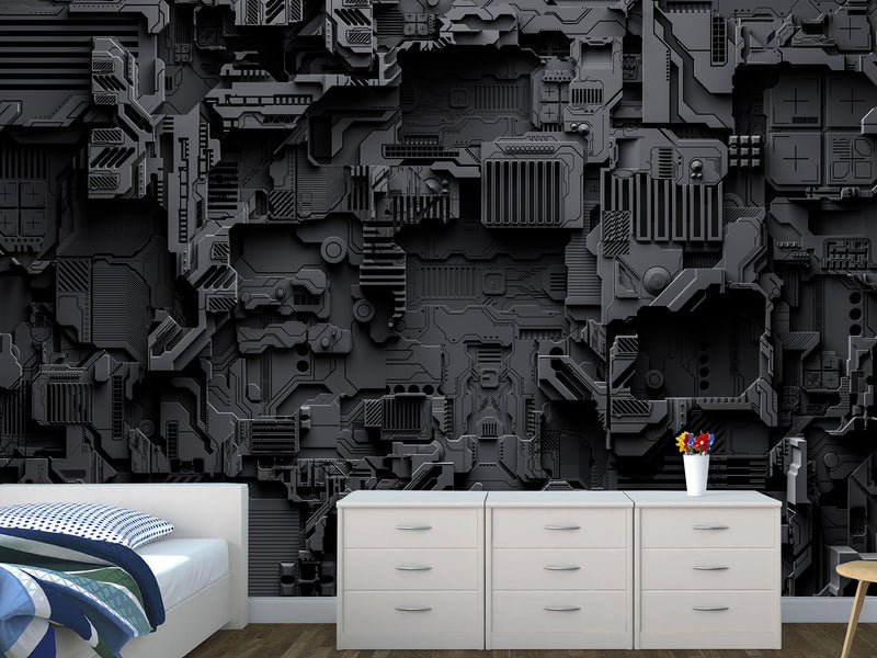 Peel and Stick Vinyl Wallpaper Technological Plating Spaceship Robot Abstract Graphics Style for Gym & Living Room