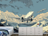 Full Wall Traditional Wallpaper For Office, Home Workspace, Or Studio "Aircraft Flying In The Sky Over Mountains" Comic Style