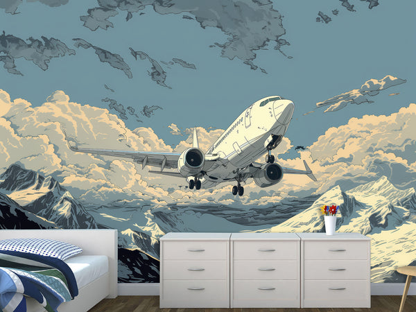 Full Wall Traditional Wallpaper For Office, Home Workspace, Or Studio "Aircraft Flying In The Sky Over Mountains" Comic Style