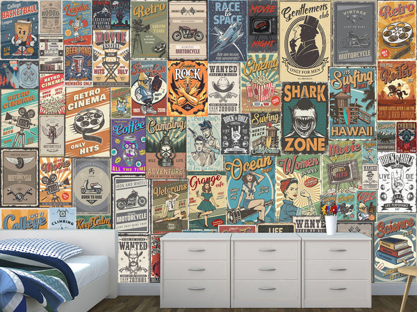 Wall mural Retro Poster Wallpaper – Vintage Ad Style Decor For Gym Or Recreation Room