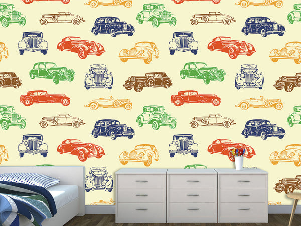 Non-Woven Photo Wallpaper Multicolored Vintage Cars – Colorful Accent for Office or Living Space