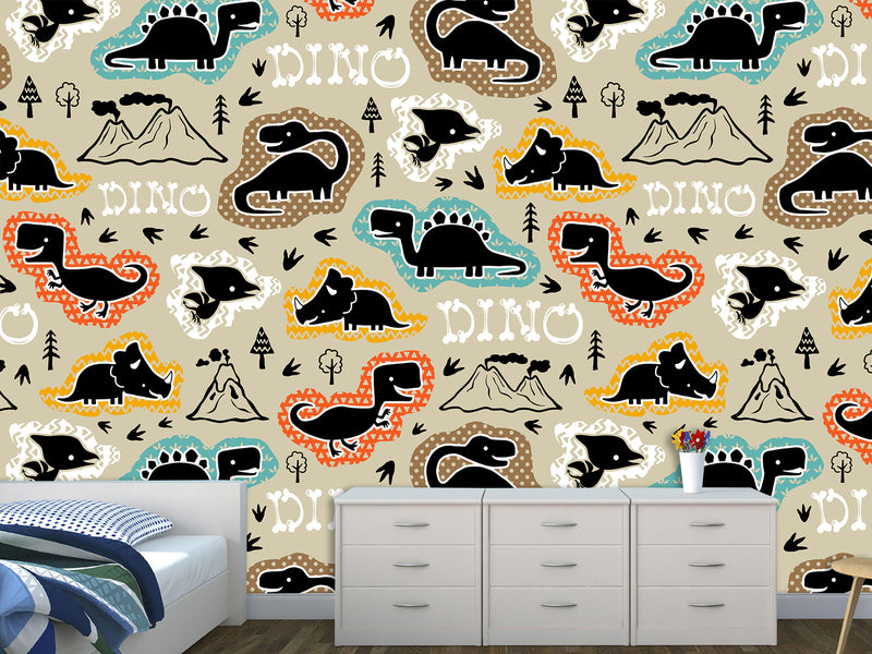 Dino Print Vinyl Peel and Stick Mural For Teen Room, Statement Wall In Office Or Workout Zone "Various Dinosaurs"