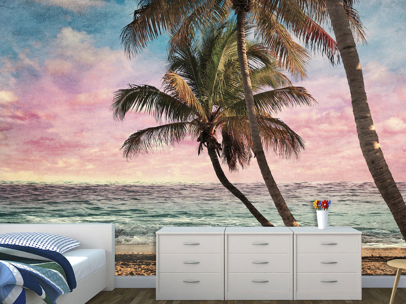 Natural Print Traditional Wall Mural 'Tropical Beach at Sunset', Decor for Office, Bedroom, Living Room