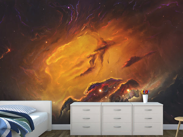 Peel and Stick Wallpaper Orange Nebula – Full Wall Wallpaper for Stylish Bedroom or Home Decor