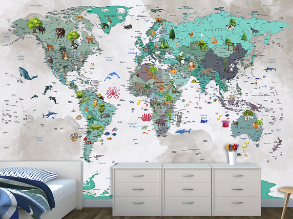 Peel and Stick Vinyl Wallpaper with the pattern “Children's map of the world”, decor for children's room