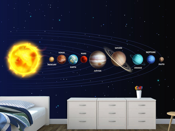 Traditional Wallpaper Mural – Solar System: From the Sun to Pluto – Full Wall Design for Office or Workspace