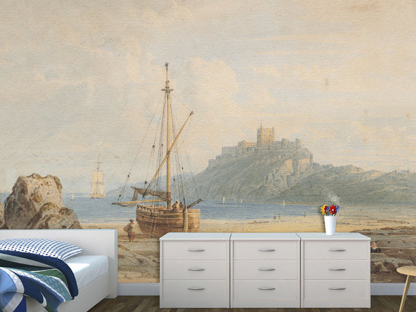 Non-Wowen Mural Full Wall Vintage Art John Varley OWS Bamborough Castle Northumberland