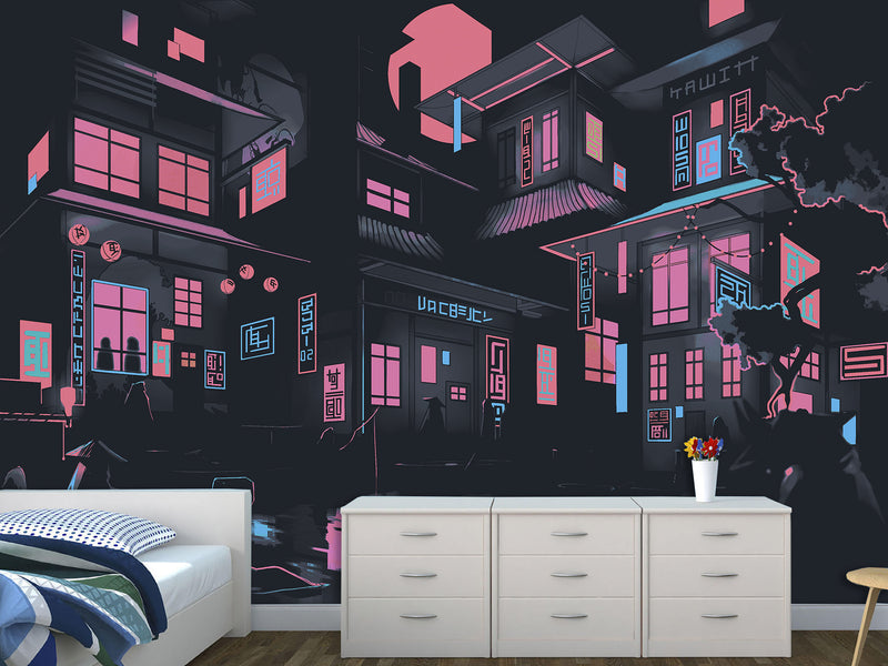 Neon City At Night – Modern Traditional Wall Mural For Interior Design 🌃