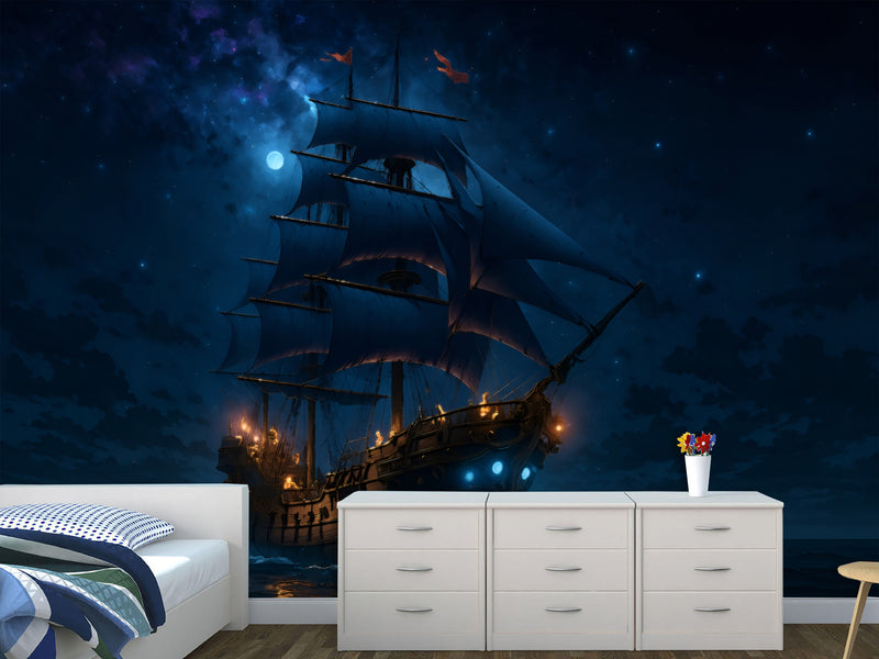 Sea Print Peel and Stick Wall Mural for Office, Living Room, Hall "Ship in the Moonlit Night" 🌙