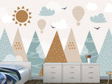Self-Adhesive Wallpaper In Soft Colors For Kids Room "Balloon Flight Over The Mountains" Design For Playroom