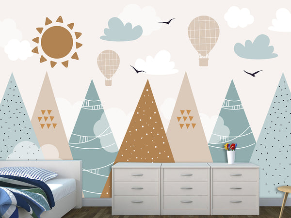 Self-Adhesive Wallpaper In Soft Colors For Kids Room "Balloon Flight Over The Mountains" Design For Playroom