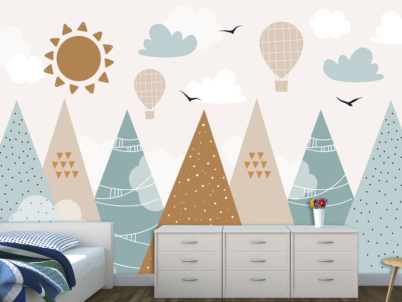 Self-Adhesive Wallpaper In Soft Colors For Kids Room "Balloon Flight Over The Mountains" Design For Playroom