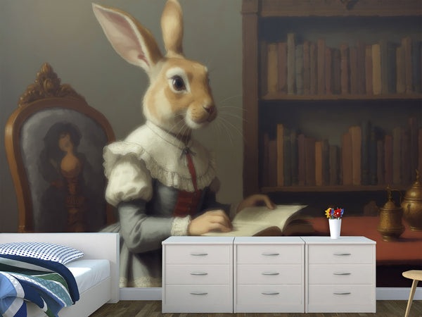 Pell and stick Wall Mural Lady Rabbit In The Reading Room Wallpaper – For Office, Study, Or Living Room