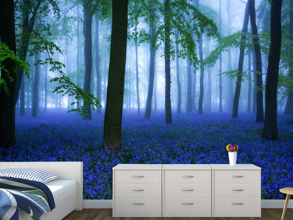 Self-Adhesive Wallpaper For Bedroom Or Lounge – “Blue Flowers In A Foggy Forest” – Full Wall Design
